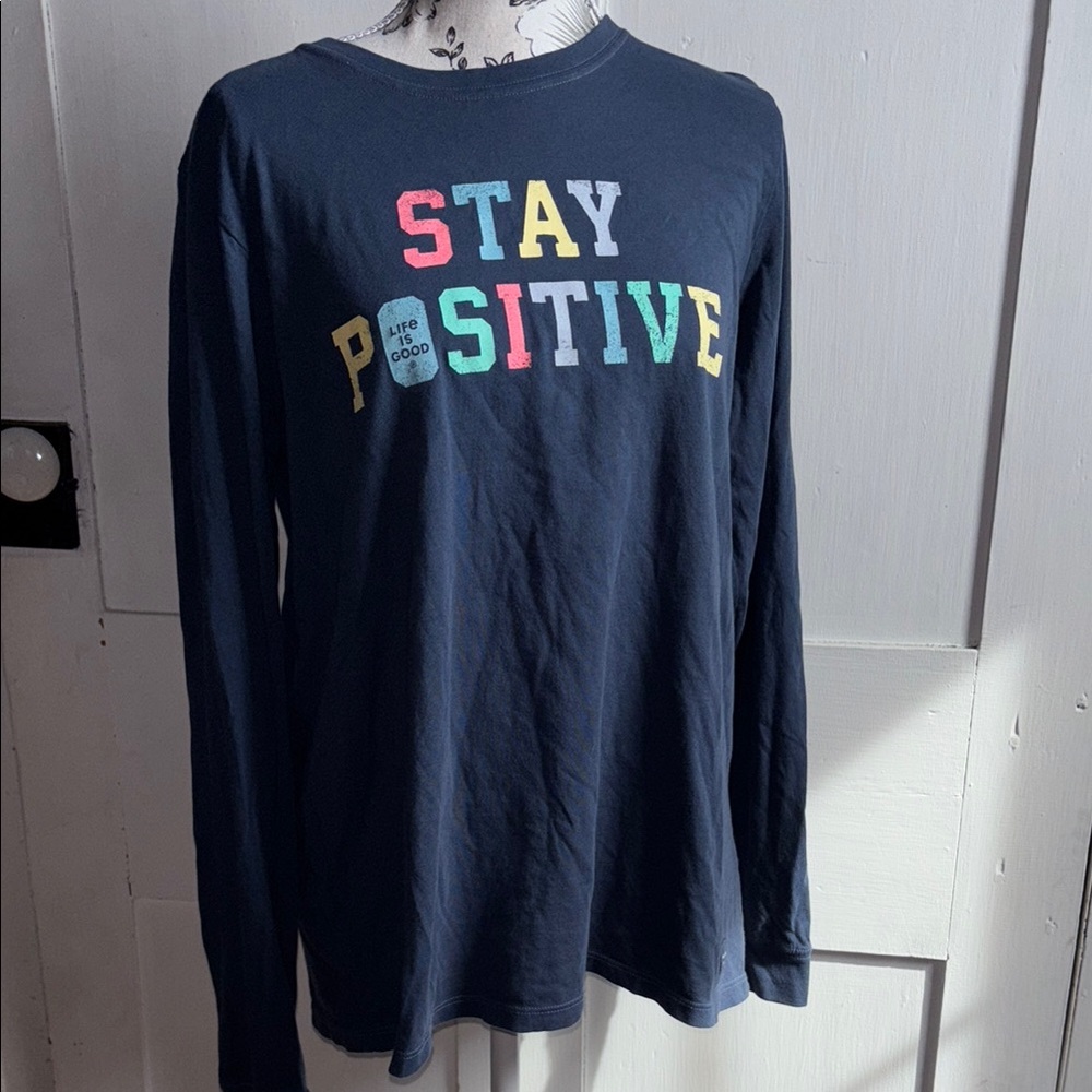 Life Is Good Stay Positive Navy Blue Long Sleeve Tee T Shirt Size Large L